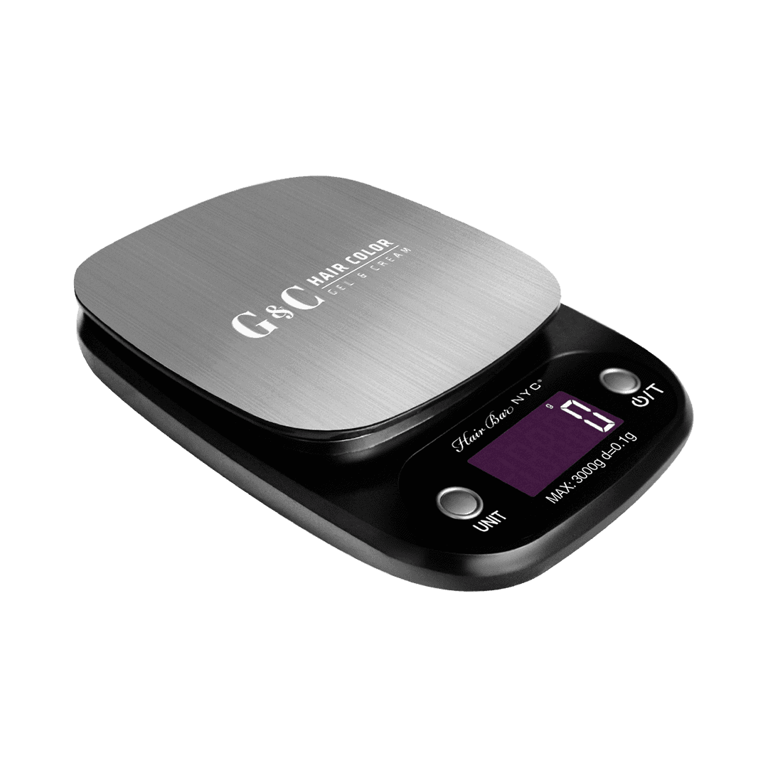 The G&C Digital Color Scale features a brushed metal surface, black base, LCD display showing "0", and buttons labeled UNIT and ON/T.