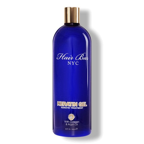 A blue bottle labeled "Gel Keratin" with collagen and argan oil, 32 fl oz, stands upright on a white background.