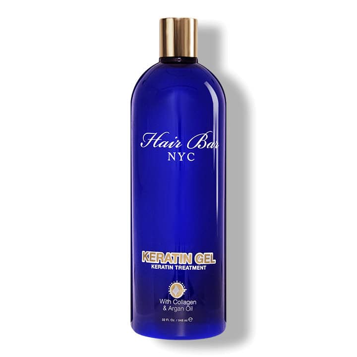 A blue bottle labeled "Gel Keratin" with collagen and argan oil, 32 fl oz, stands upright on a white background.