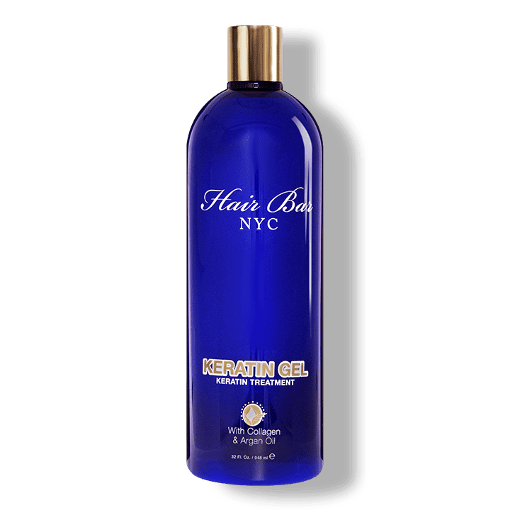A blue bottle labeled "Gel Keratin" with collagen and argan oil, 32 fl oz, stands upright on a white background.