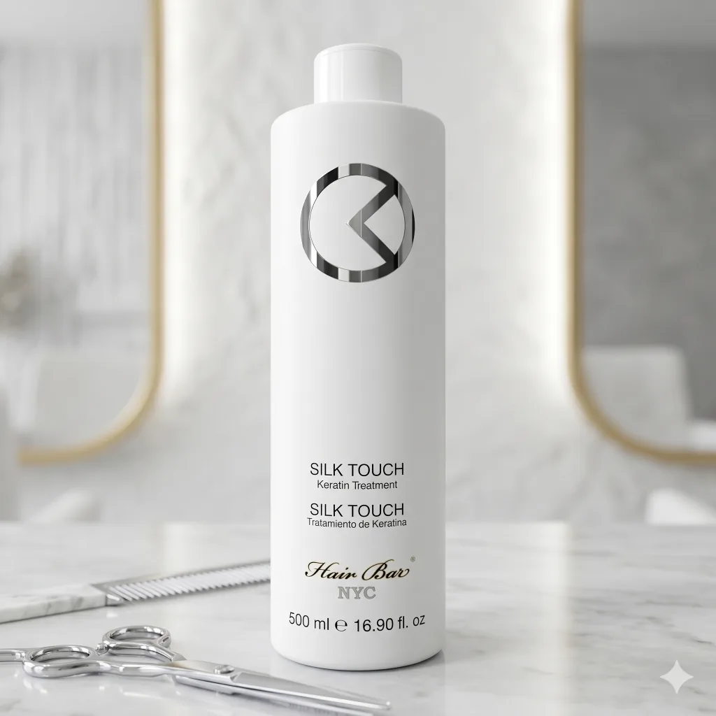 A white bottle labeled "Silk Touch Keratin" sits on a marble surface near hair cutting scissors, with a blurred mirror in the background.