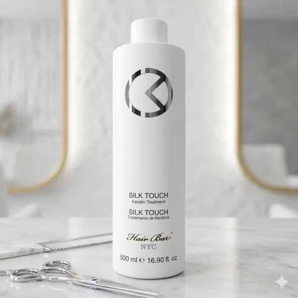 A white bottle labeled "Silk Touch Keratin" sits on a marble surface near hair cutting scissors, with a blurred mirror in the background.