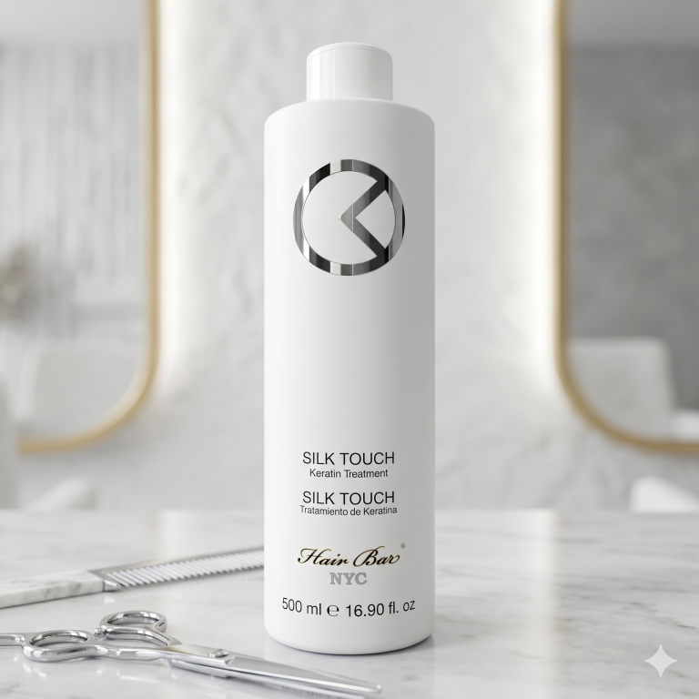 A white bottle labeled "Silk Touch Keratin" sits on a marble surface near hair cutting scissors, with a blurred mirror in the background.