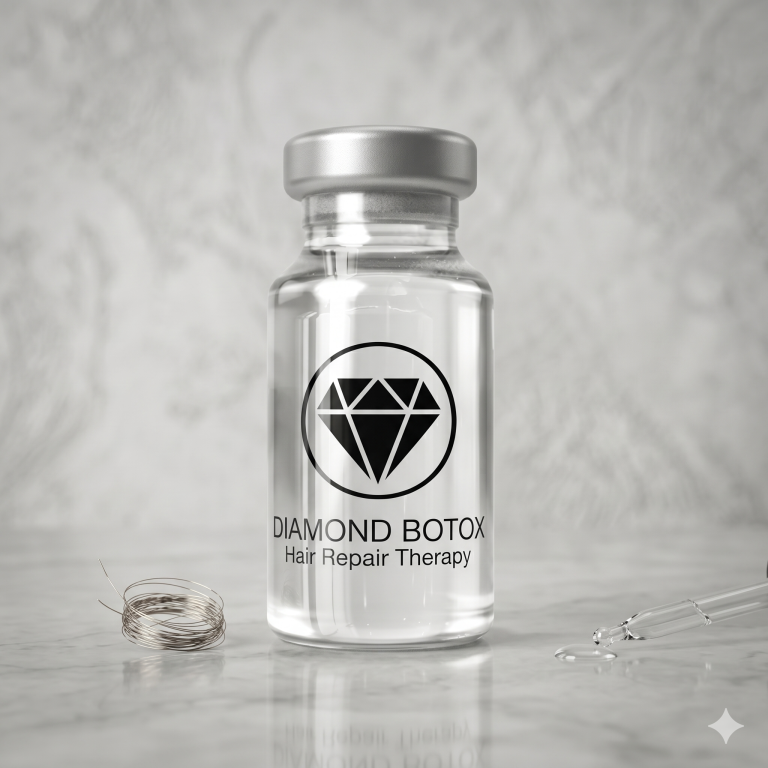 A clear vial labeled "Diamond Botox Hair Repair Treatment (Ampule)" sits next to a small wire coil and a glass dropper on a marble surface.