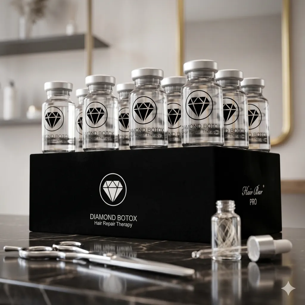 A set of glass vials labeled "Diamond Botox Hair Repair Treatment Box" sits on a black stand, with treatment essentials and hairdressing tools neatly arranged on a marble countertop.