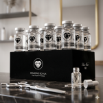 A set of glass vials labeled "Diamond Botox Hair Repair Treatment Box" sits on a black stand, with treatment essentials and hairdressing tools neatly arranged on a marble countertop.