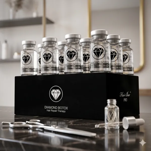 A set of glass vials labeled "Diamond Botox Hair Repair Treatment Box" sits on a black stand, with treatment essentials and hairdressing tools neatly arranged on a marble countertop.