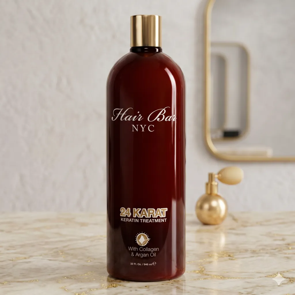 A large maroon bottle labeled "24 Karat Keratin" rests on a marble countertop, accompanied by a gold perfume bottle and mirror in the background, emphasizing the luxurious appeal of 24 Karat Keratin.