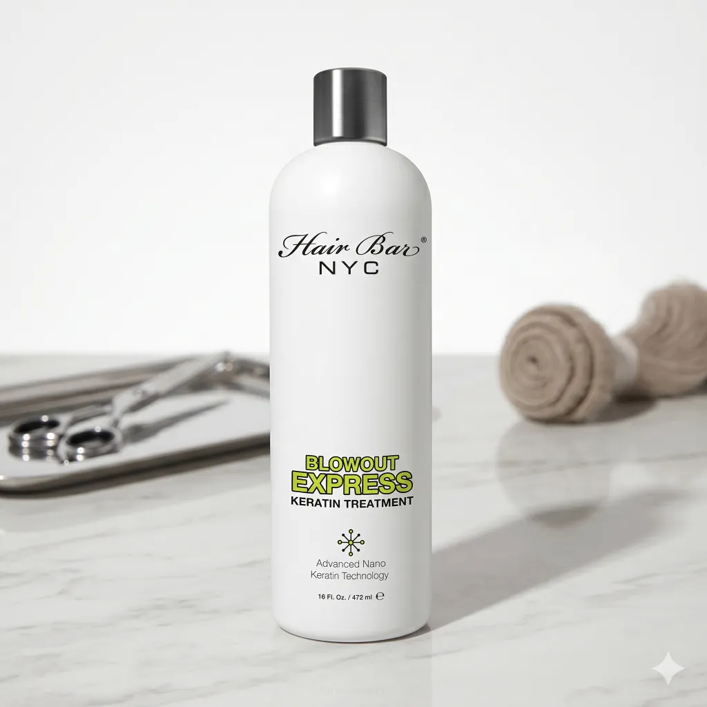 A white bottle of Blowout Express Keratin on a marble surface, with scissors and rolled towels in the background.