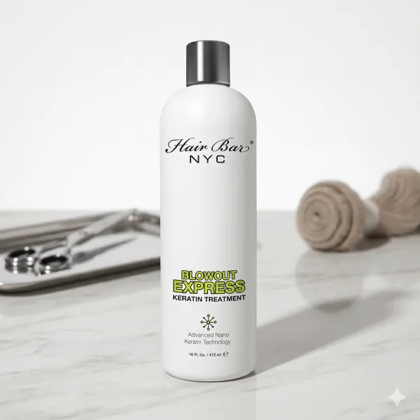 A white bottle of Blowout Express Keratin on a marble surface, with scissors and rolled towels in the background.