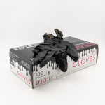 A box of Black Deluxe Vinyl Gloves - Powder Free with one pair on top. Contains 100 small-size disposable gloves for non-medical use—ideal for salon or at-home hair coloring.