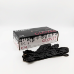A box of Black Deluxe Vinyl Gloves - Powder Free, size small, is shown with a pair of black gloves displayed in front, highlighting their premium quality and comfort for salon professionals.