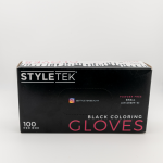A box of Black Deluxe Vinyl Gloves - Powder Free, ideal for salon use, size small, with 100 gloves per box.