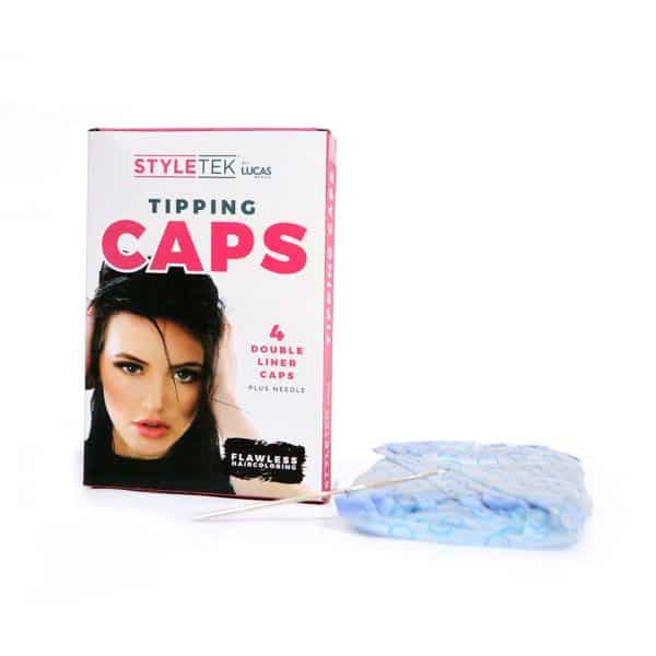 A box labeled "Frosting Highlighting Caps (4ct)" with a woman's face is shown next to a blue cap and a metal needle.