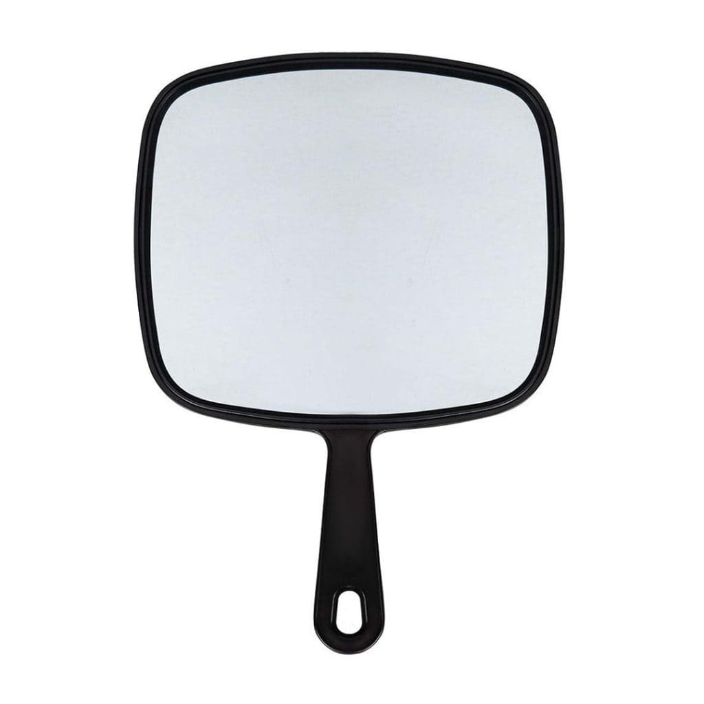 The Hand Held TV Mirror has a square shape, black plastic frame and handle, plus a small hole at the base of the handle for hanging.