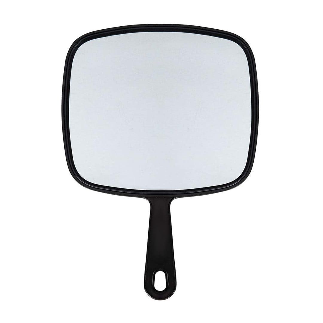 The Hand Held TV Mirror has a square shape, black plastic frame and handle, plus a small hole at the base of the handle for hanging.