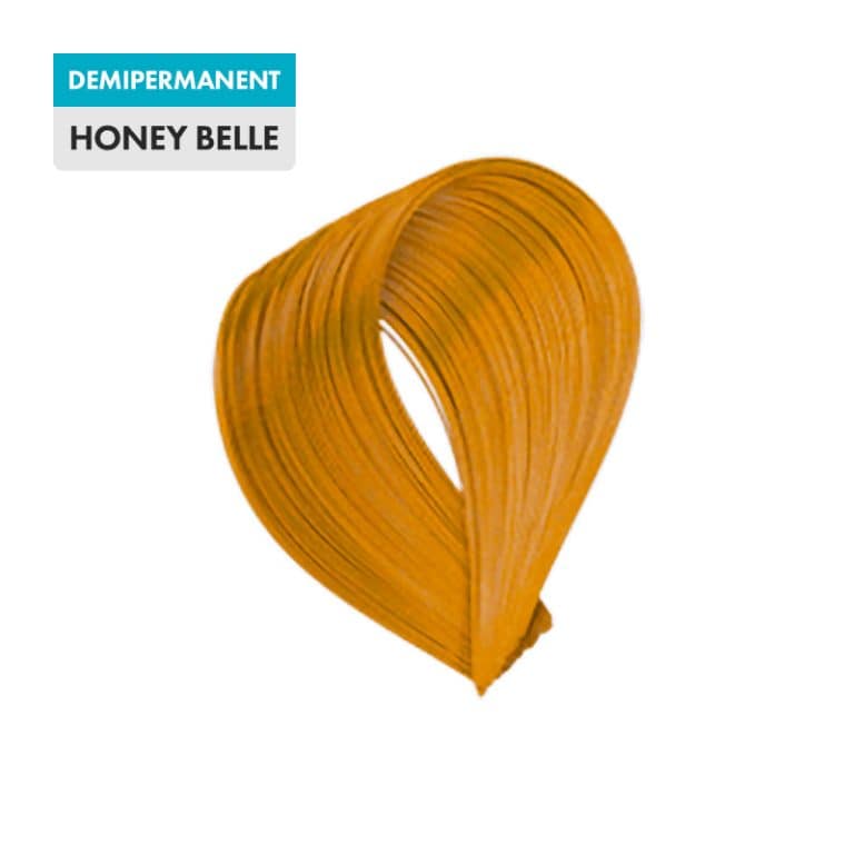 A swatch of honey blonde hair color labeled "Honey Belle" appears on a green background.