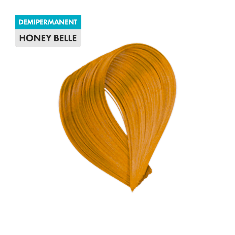 A swatch of honey blonde hair color labeled "Honey Belle" appears on a green background.