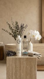 A bottle of Clarifying Shampoo 16.9 oz, a white orchid in a vase, lavender sprigs, and folded towels are arranged on a marble surface in a neutral-toned bathroom.