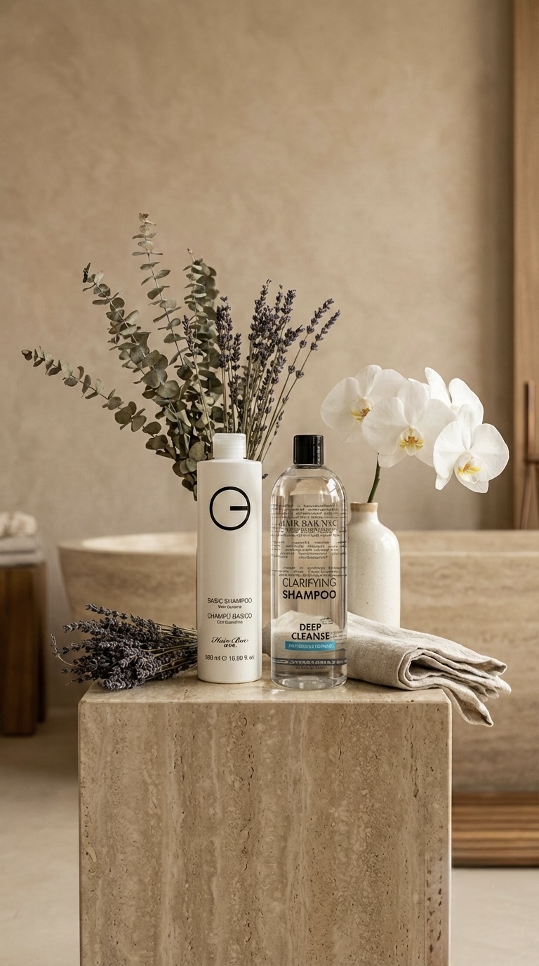 A bottle of Clarifying Shampoo 16.9 oz, a white orchid in a vase, lavender sprigs, and folded towels are arranged on a marble surface in a neutral-toned bathroom.