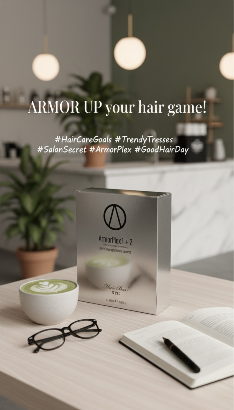 A Diamond Botox Hair Repair Treatment Box sits on a table beside a cup of matcha, an open notebook, pen, and eyeglasses in a modern café setting—perfect for planning your next hair repair session.