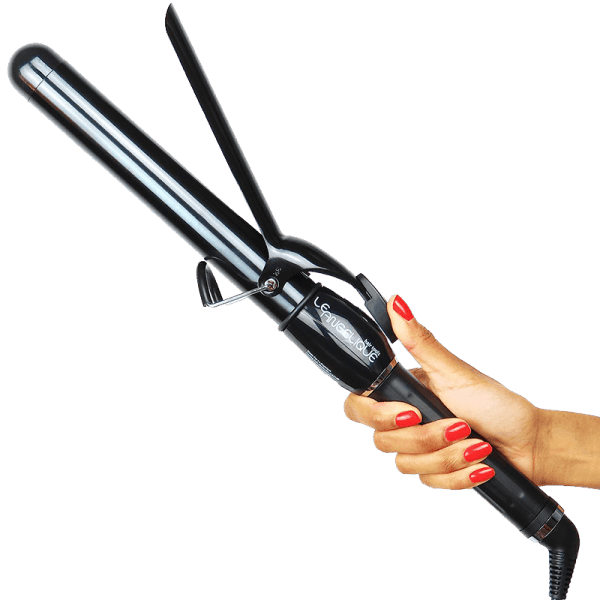 A hand with red-painted nails holds the Ultimate Pro Clip Curling Iron 1", its sleek black and silver body gleaming as the brand name stands out on the handle.