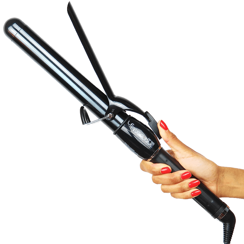 A hand with red-painted nails holds the Ultimate Pro Clip Curling Iron 1", its sleek black and silver body gleaming as the brand name stands out on the handle.