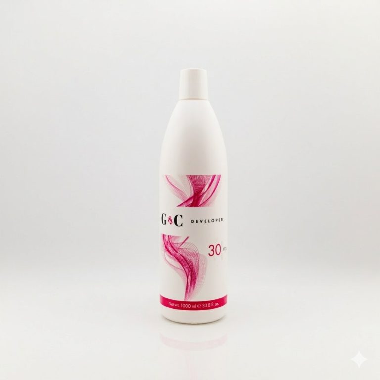A 1000 ml (33.8 fl oz) white bottle of G&C Cream Developer 30 Volume with pink abstract designs stands against a plain white background.