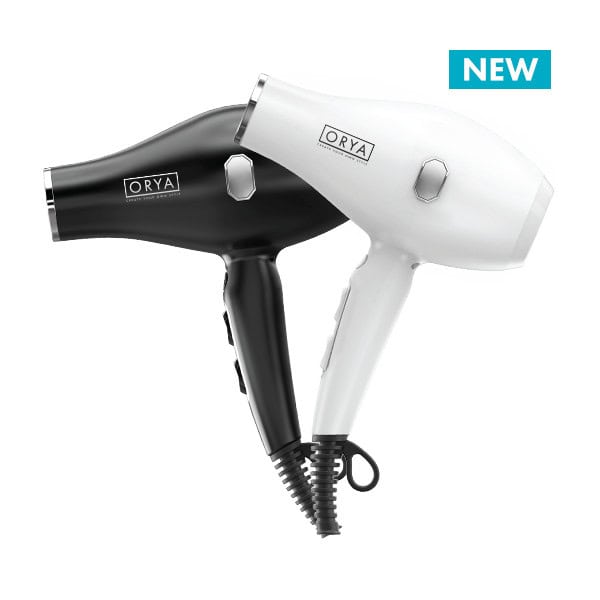 Two ORYA Professional Ionic Hair Dryers, one black and one white, are shown side by side on a transparent background with a "NEW" label. Elevate your hairstyling routine with these sleek ionic hair dryer models.