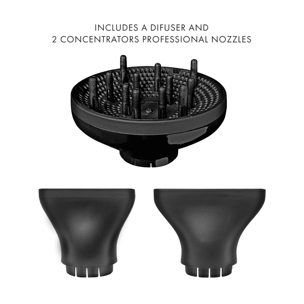 The ORYA Professional Ionic Hair Dryer comes with a black diffuser and two concentrator nozzles, shown on a plain background to highlight their inclusion.
