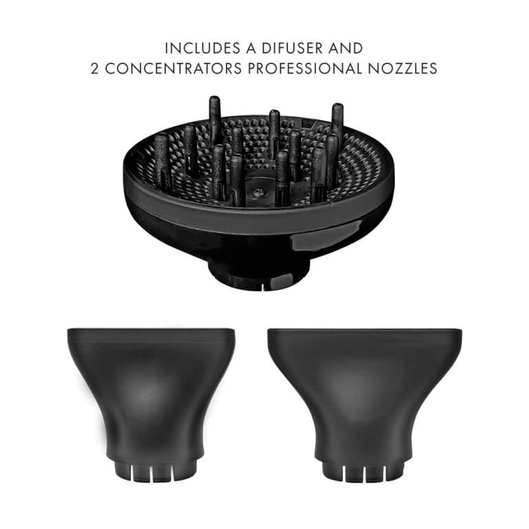 The ORYA Professional Ionic Hair Dryer comes with a black diffuser and two concentrator nozzles, shown on a plain background to highlight their inclusion.