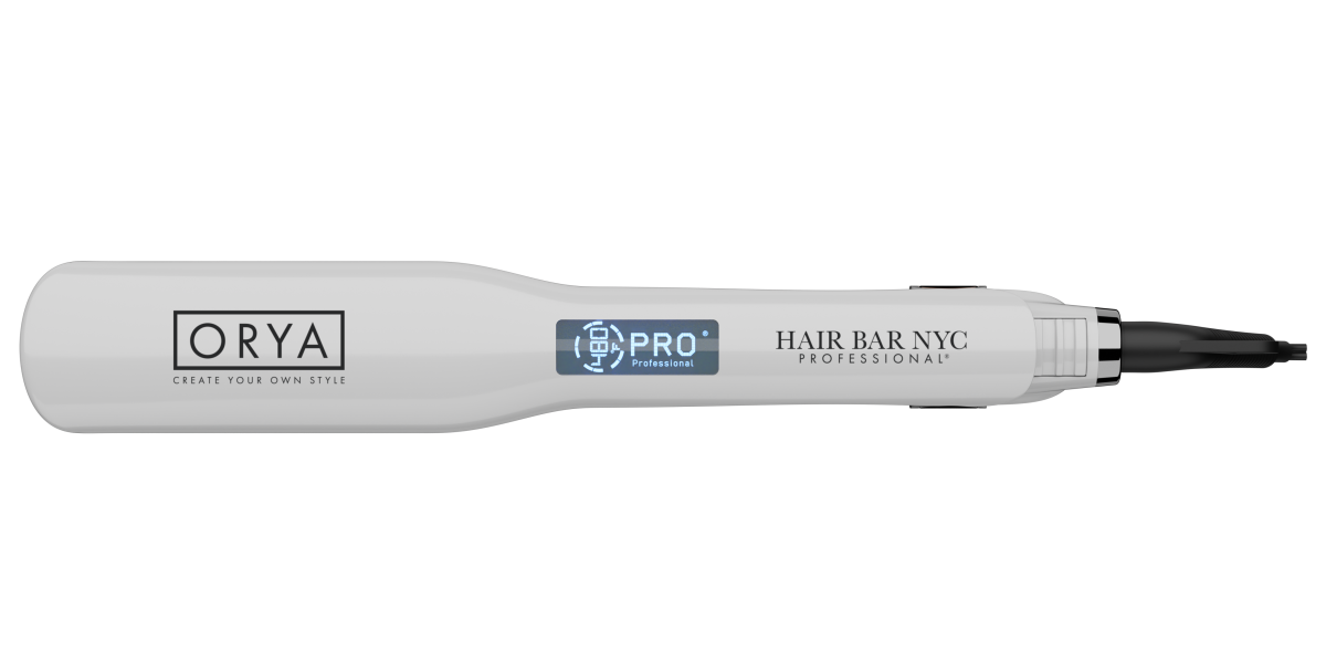 The ORYA Professional Ionic Flat Iron is a white hair styling tool with a sleek black tip, labeled "ORYA" and "Hair Bar NYC Professional.