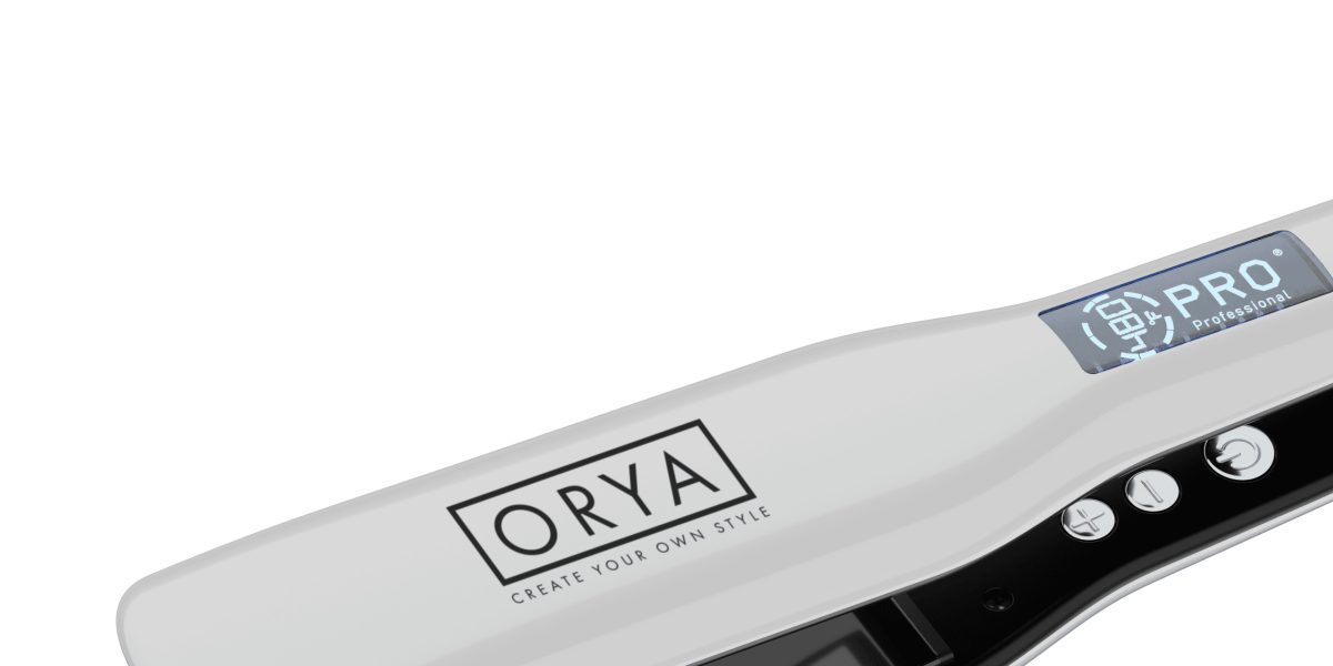 The ORYA Professional Ionic Flat Iron is a white hair straightener with black ceramic plates, digital controls, a display screen, and "ORYA" and "HAIR BAR NYC PROFESSIONAL" labels.