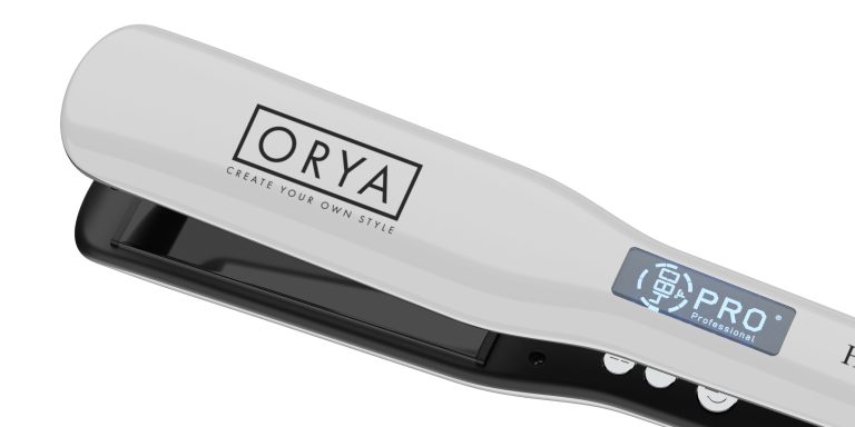 The ORYA Professional Ionic Flat Iron in white features a digital display and black ceramic plates.