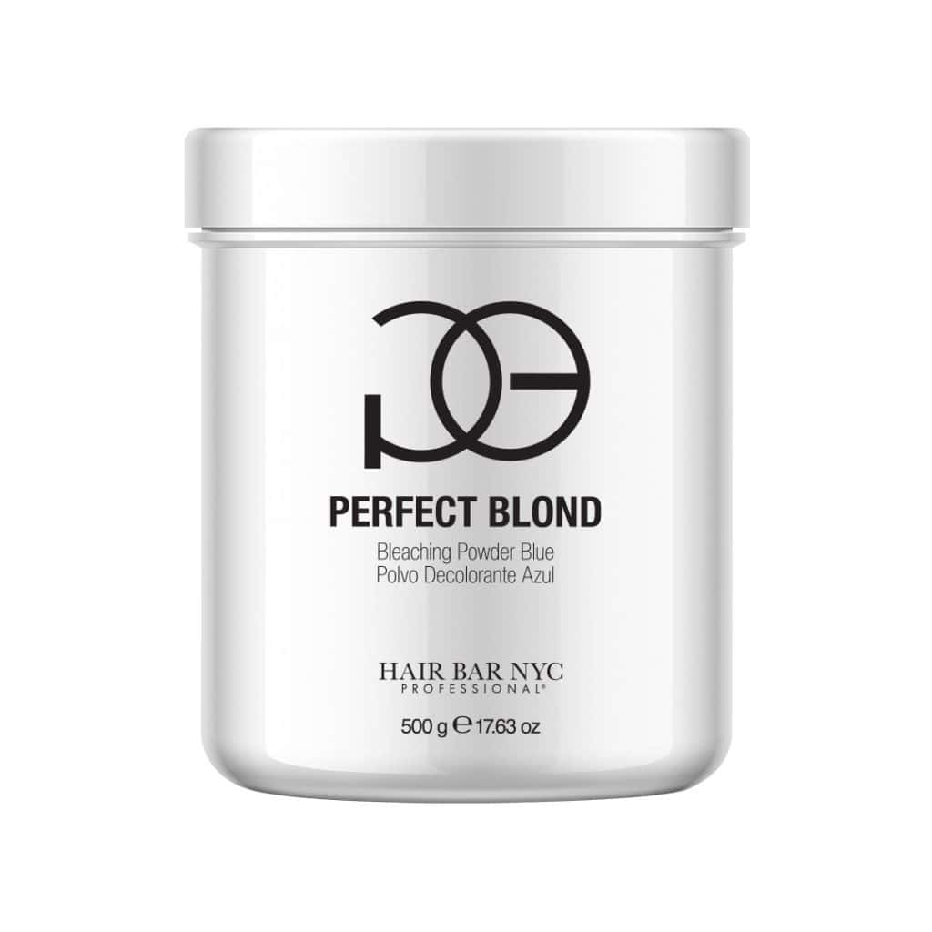 A 500g white container of Hair Bar NYC's Perfect Blond Blue Lightener Powder features a minimalist design and contains professional-grade lightener powder.