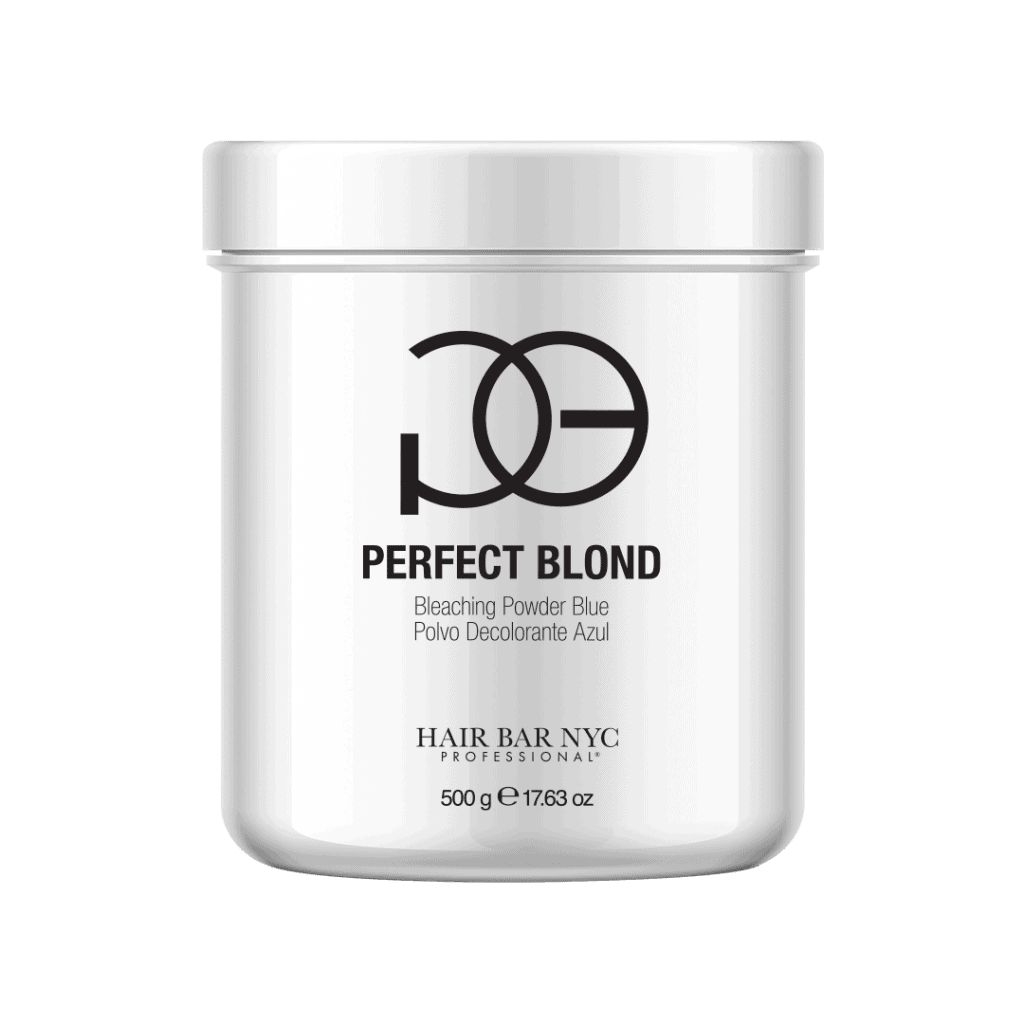 A 500g white container of Hair Bar NYC's Perfect Blond Blue Lightener Powder features a minimalist design and contains professional-grade lightener powder.