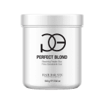 A 500g white container of Hair Bar NYC's Perfect Blond Blue Lightener Powder features a minimalist design and contains professional-grade lightener powder.