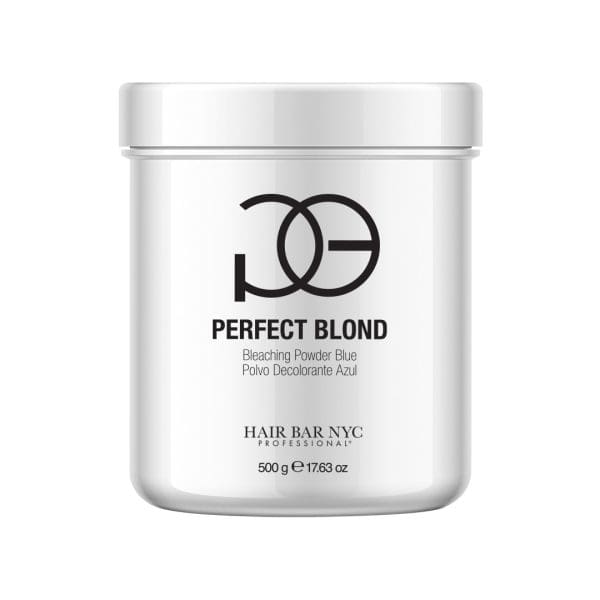 A 500g white container of Hair Bar NYC's Perfect Blond Blue Lightener Powder features a minimalist design and contains professional-grade lightener powder.