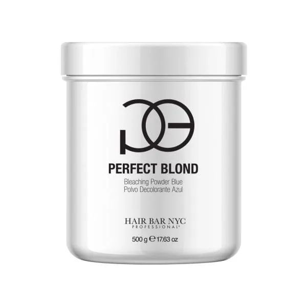 A 500g white container of Hair Bar NYC's Perfect Blond Blue Lightener Powder features a minimalist design and contains professional-grade lightener powder.