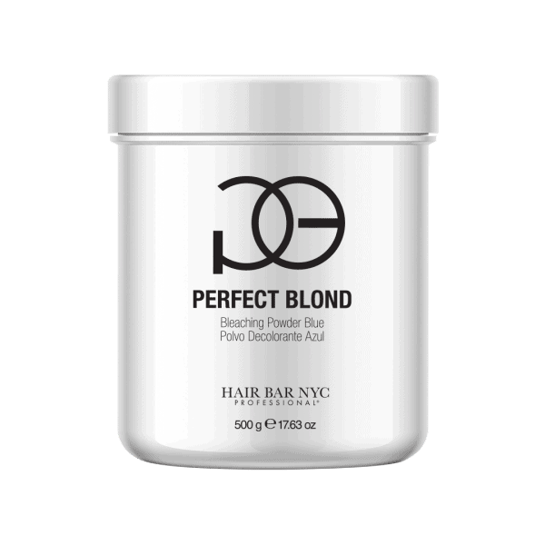 A 500g white container of Hair Bar NYC's Perfect Blond Blue Lightener Powder features a minimalist design and contains professional-grade lightener powder.