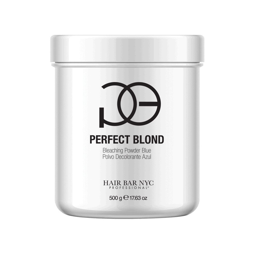 A 500g white container of Hair Bar NYC's Perfect Blond Blue Lightener Powder features a minimalist design and contains professional-grade lightener powder.