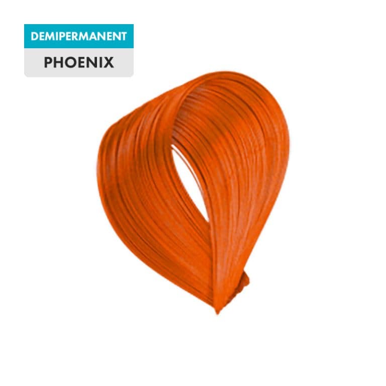 A swatch of Phoenix demi-permanent hair color, featuring a vibrant orange hue, is shown looped against a transparent background.