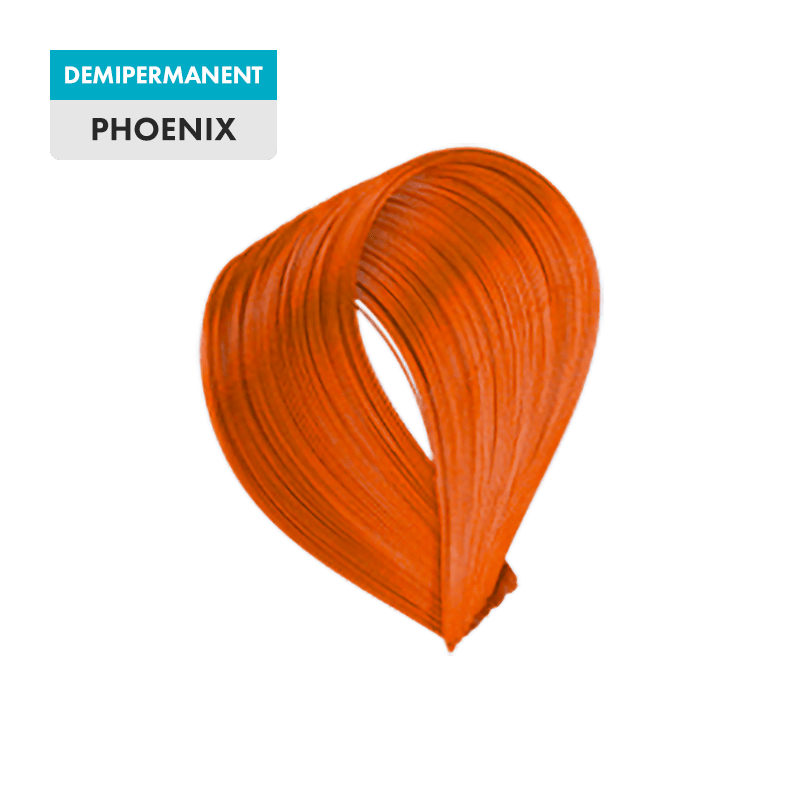 A swatch of Phoenix demi-permanent hair color, featuring a vibrant orange hue, is shown looped against a transparent background.