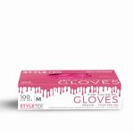 A box of Pink Deluxe Vinyl Gloves - Powder Free, size medium, contains 100 latex-free gloves per box; these durable gloves provide extra strength and are ideal for safe coloring tasks.
