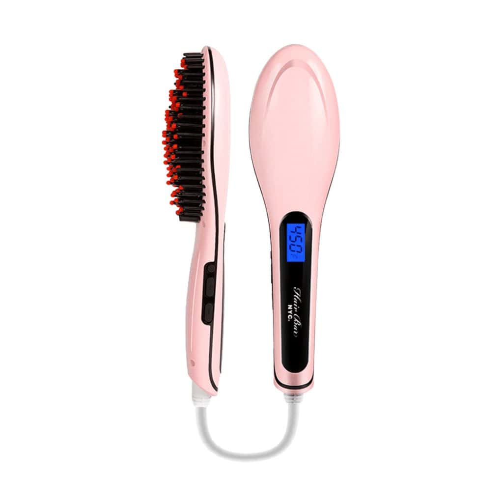 The Pink Hair Straightening Brush, featuring a digital temperature display and outward-facing bristles, is shown plugged in.