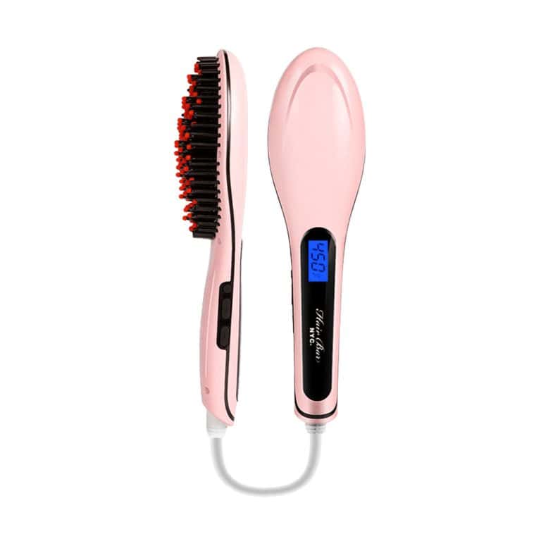 The Pink Hair Straightening Brush, featuring a digital temperature display and outward-facing bristles, is shown plugged in.
