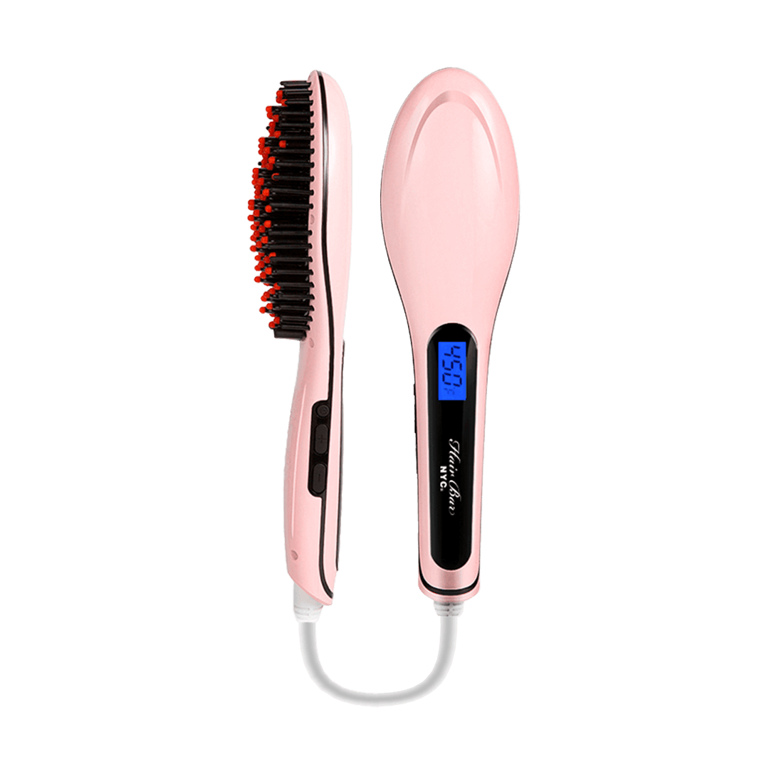 The Pink Hair Straightening Brush, featuring a digital temperature display and outward-facing bristles, is shown plugged in.