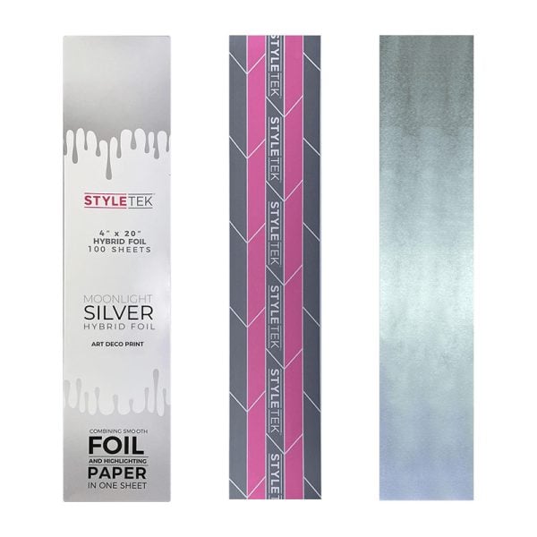A box labeled "Pop Up Hybrid Foil 4 x 20 (100CT)" is shown, with two displayed sheets: one silver and one featuring a geometric striped pattern.