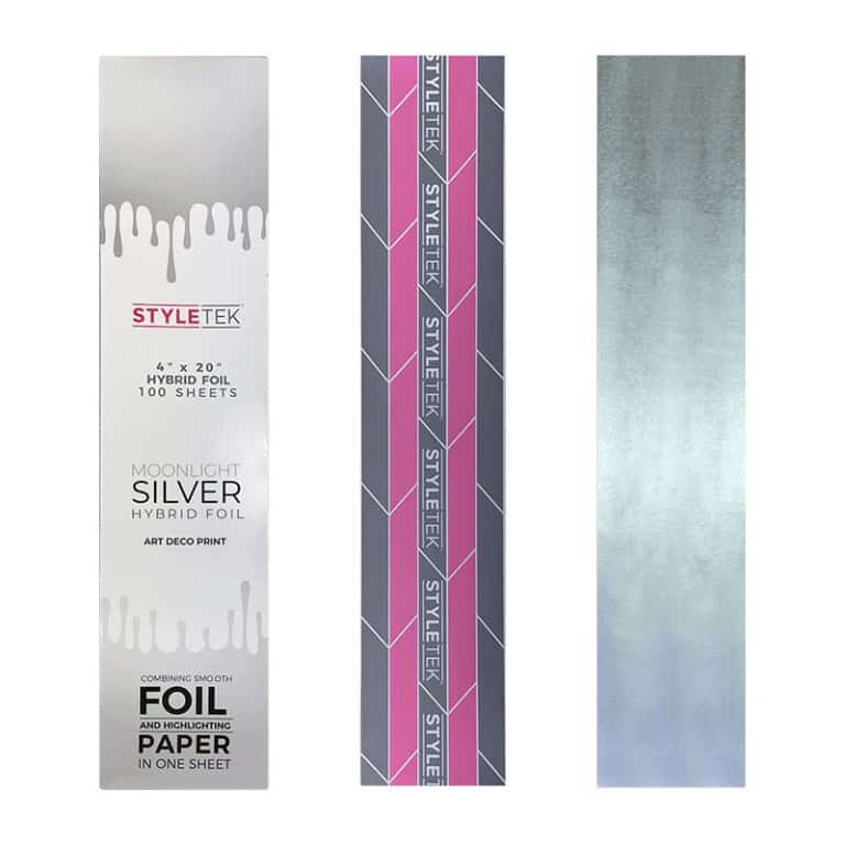 A box labeled "Pop Up Hybrid Foil 4 x 20 (100CT)" is shown, with two displayed sheets: one silver and one featuring a geometric striped pattern.