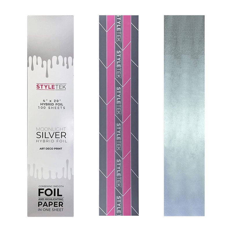 A box labeled "Pop Up Hybrid Foil 4 x 20 (100CT)" is shown, with two displayed sheets: one silver and one featuring a geometric striped pattern.